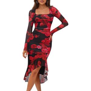 MEROKEETY Women’s 2026 Wedding Guest Dress Bodycon Long Sleeve Square Neck Ruched Mesh Cocktail Party Holiday Midi Dresses(Blackrose)