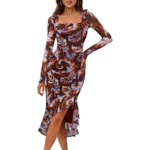 MEROKEETY Women’s 2026 Wedding Guest Dress Bodycon Long Sleeve Square Neck Ruched Mesh Cocktail Party Holiday Midi Dresses(Brown)