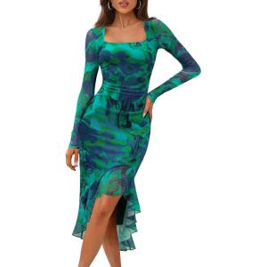MEROKEETY Women’s 2026 Wedding Guest Dress Bodycon Long Sleeve Square Neck Ruched Mesh Cocktail Party Holiday Midi Dresses(Green)