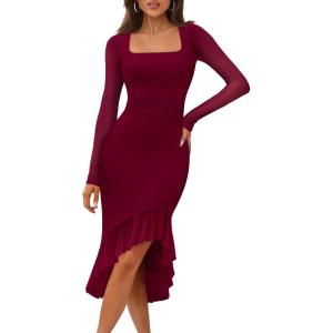 MEROKEETY Women’s 2026 Wedding Guest Dress Bodycon Long Sleeve Square Neck Ruched Mesh Cocktail Party Holiday Midi Dresses(Wine)