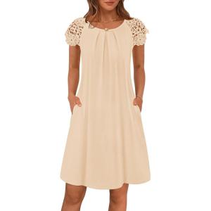 MEROKEETY Women’s Casual Summer T Shirt Dress Beach Vacation Lace Sleeveless Flowy Pleated Mini Sundress(Apricot)