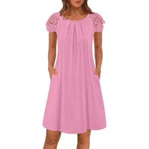 MEROKEETY Women’s Casual Summer T Shirt Dress Beach Vacation Lace Sleeveless Flowy Pleated Mini Sundress(Pink)