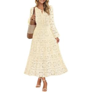 MEROKEETY Women’s Fall Long Sleeve Floral Maxi Dress Lace Eyelet Hollow Out Tiered Boho Wedding Guest Dresses Pockets(Apricot)