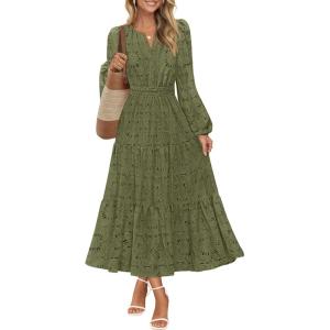 MEROKEETY Women’s Fall Long Sleeve Floral Maxi Dress Lace Eyelet Hollow Out Tiered Boho Wedding Guest Dresses Pockets(Army Green)