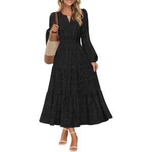 MEROKEETY Women’s Fall Long Sleeve Floral Maxi Dress Lace Eyelet Hollow Out Tiered Boho Wedding Guest Dresses Pockets(Black)