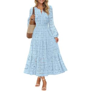 MEROKEETY Women’s Fall Long Sleeve Floral Maxi Dress Lace Eyelet Hollow Out Tiered Boho Wedding Guest Dresses Pockets(Blue)