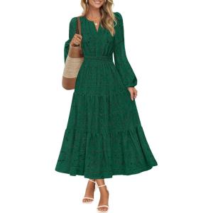 MEROKEETY Women’s Fall Long Sleeve Floral Maxi Dress Lace Eyelet Hollow Out Tiered Boho Wedding Guest Dresses Pockets(Dark Green)