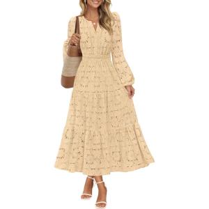 MEROKEETY Women’s Fall Long Sleeve Floral Maxi Dress Lace Eyelet Hollow Out Tiered Boho Wedding Guest Dresses Pockets(Light Khaki)