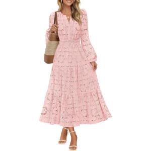 MEROKEETY Women’s Fall Long Sleeve Floral Maxi Dress Lace Eyelet Hollow Out Tiered Boho Wedding Guest Dresses Pockets(Pink)