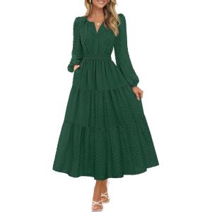 MEROKEETY Women’s Fall Long Sleeve Maxi Dress 2026 Boho Ruffle Tiered Swiss Dots Wedding Guest Cocktail Long Dresses(Dark Green)
