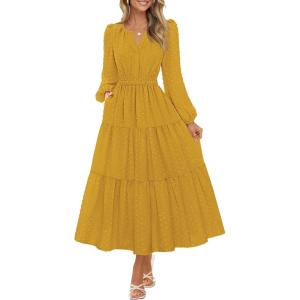 MEROKEETY Women’s Fall Long Sleeve Maxi Dress 2026 Boho Ruffle Tiered Swiss Dots Wedding Guest Cocktail Long Dresses(Turmeric)