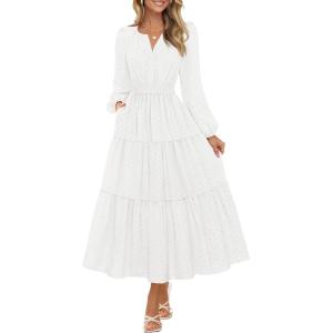MEROKEETY Women’s Fall Long Sleeve Maxi Dress 2026 Boho Ruffle Tiered Swiss Dots Wedding Guest Cocktail Long Dresses(White)