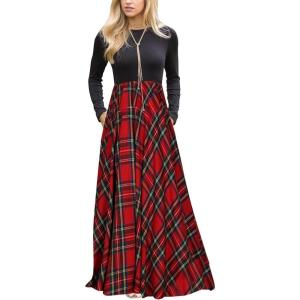 MEROKEETY Women’s Long Sleeve Plaid Empire Waist Full Length Maxi Dress with Pockets(Red)