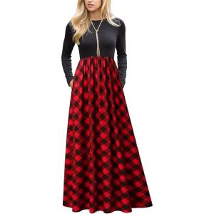 MEROKEETY Women’s Long Sleeve Plaid Empire Waist Full Length Maxi Dress with Pockets(Red Plaid)