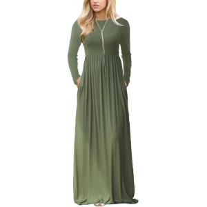 MEROKEETY Women’s Long Sleeve Plaid Empire Waist Full Length Maxi Dress with Pockets(Solid Green)