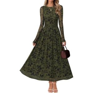 MEROKEETY Women’s Long Sleeve Spring Wedding Guest Dress 2026 Crewneck Floral Flowy Mesh Cocktail Maxi Dresses(Armygreen)