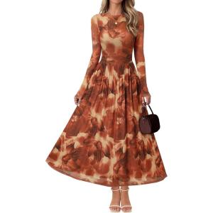 MEROKEETY Women’s Long Sleeve Spring Wedding Guest Dress 2026 Crewneck Floral Flowy Mesh Cocktail Maxi Dresses(Brown Floral)