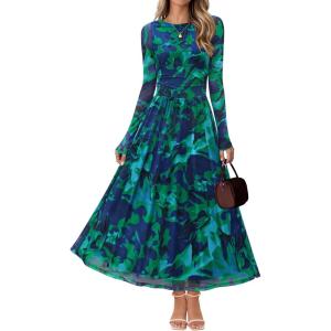 MEROKEETY Women’s Long Sleeve Spring Wedding Guest Dress 2026 Crewneck Floral Flowy Mesh Cocktail Maxi Dresses(Green)