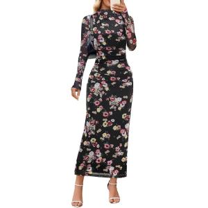 MEROKEETY Women’s Spring Wedding Guest Dress 2026 Long Sleeve Bodycon Floral Mesh Fall Cocktail Holiday Party Maxi Dresses(Blackfloral)