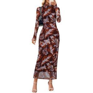 MEROKEETY Women’s Spring Wedding Guest Dress 2026 Long Sleeve Bodycon Floral Mesh Fall Cocktail Holiday Party Maxi Dresses(Brownblue)