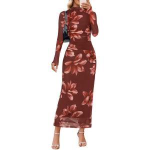 MEROKEETY Women’s Spring Wedding Guest Dress 2026 Long Sleeve Bodycon Floral Mesh Fall Cocktail Holiday Party Maxi Dresses(Brownfloral)