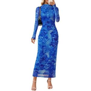 MEROKEETY Women’s Spring Wedding Guest Dress 2026 Long Sleeve Bodycon Floral Mesh Fall Cocktail Holiday Party Maxi Dresses(Darkblue)