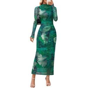 MEROKEETY Women’s Spring Wedding Guest Dress 2026 Long Sleeve Bodycon Floral Mesh Fall Cocktail Holiday Party Maxi Dresses(Green)