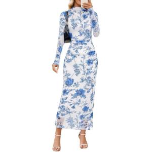 MEROKEETY Women’s Spring Wedding Guest Dress 2026 Long Sleeve Bodycon Floral Mesh Fall Cocktail Holiday Party Maxi Dresses(White Blue)