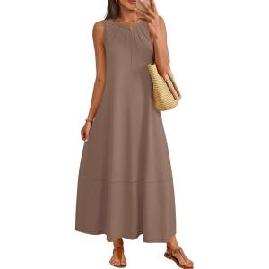 MEROKEETY Women’s Summer Boho Maxi Dress 2026 Pleated Lace Hollow Out Beach Vacation Sundresses Sleeveless Tank Dress(Mocha)