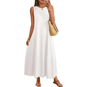 MEROKEETY Women’s Summer Boho Maxi Dress 2026 Pleated Lace Hollow Out Beach Vacation Sundresses Sleeveless Tank Dress(White)