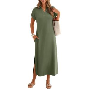 MEROKEETY Women’s Summer Casual Maxi Dress 2026 Cap Sleeve V Neck Collared Beach Vacation T Shirt Long Dresses(Army Green)