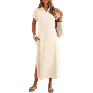 MEROKEETY Women’s Summer Casual Maxi Dress 2026 Cap Sleeve V Neck Collared Beach Vacation T Shirt Long Dresses(Beige)