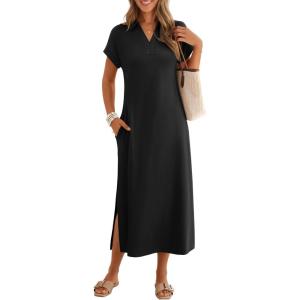 MEROKEETY Women’s Summer Casual Maxi Dress 2026 Cap Sleeve V Neck Collared Beach Vacation T Shirt Long Dresses(Black)