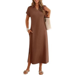 MEROKEETY Women’s Summer Casual Maxi Dress 2026 Cap Sleeve V Neck Collared Beach Vacation T Shirt Long Dresses(Brown)