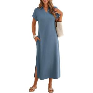 MEROKEETY Women’s Summer Casual Maxi Dress 2026 Cap Sleeve V Neck Collared Beach Vacation T Shirt Long Dresses(Gray Blue)