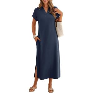 MEROKEETY Women’s Summer Casual Maxi Dress 2026 Cap Sleeve V Neck Collared Beach Vacation T Shirt Long Dresses(Navy)