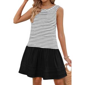 MEROKEETY Women’s Summer Sleeveless Sundress Casual Striped Patchwork Mini Tank Dress with Pockets(White)