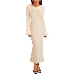 MEROKEETY Women’s Sweater Dress Fall 2025 Long Sleeve Formal Wedding Guest Cocktail Bodycon Floral Maxi Winter Dresses(Apricot)
