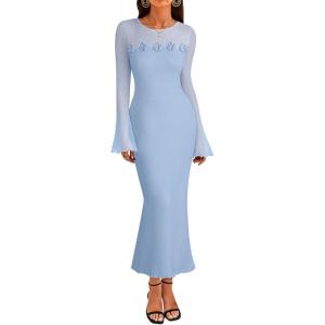 MEROKEETY Women’s Sweater Dress Fall 2025 Long Sleeve Formal Wedding Guest Cocktail Bodycon Floral Maxi Winter Dresses(Blue)