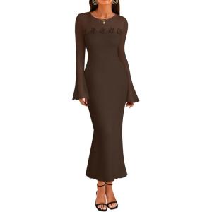 MEROKEETY Women’s Sweater Dress Fall 2025 Long Sleeve Formal Wedding Guest Cocktail Bodycon Floral Maxi Winter Dresses(Coffee)