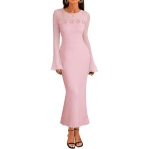 MEROKEETY Women’s Sweater Dress Fall 2025 Long Sleeve Formal Wedding Guest Cocktail Bodycon Floral Maxi Winter Dresses(Pink)