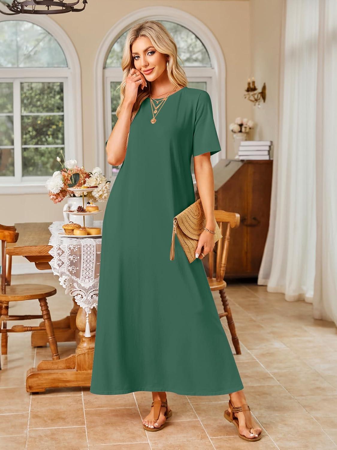 imageMEROKEETY Summer Spring Maxi Dresses for Women 2026 Beach Vacation Casual Short Sleeve Long T Shirt Sundress with PocketsDarkgreen