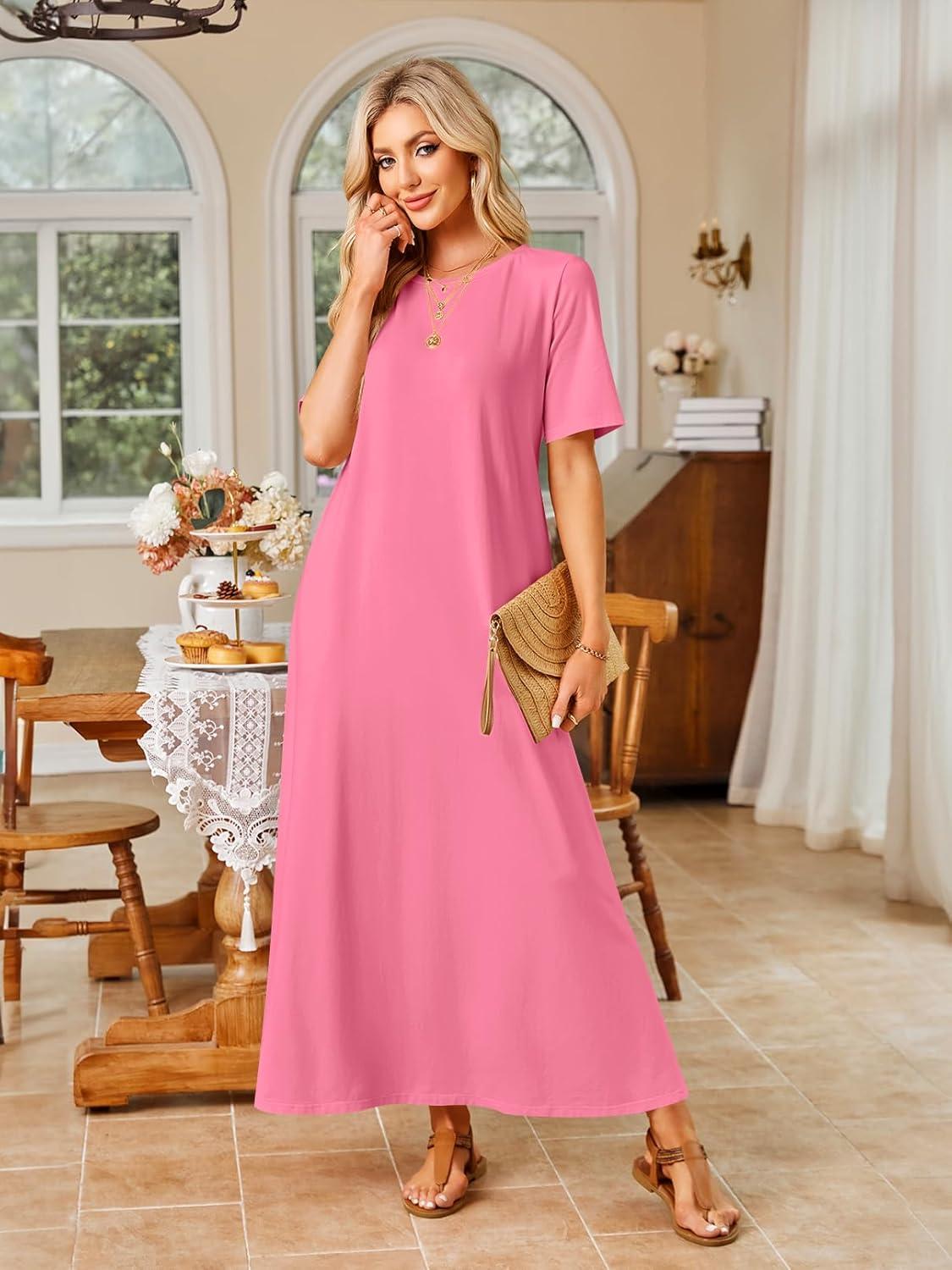 imageMEROKEETY Summer Spring Maxi Dresses for Women 2026 Beach Vacation Casual Short Sleeve Long T Shirt Sundress with PocketsDustypink