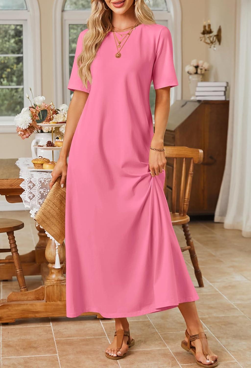 imageMEROKEETY Summer Spring Maxi Dresses for Women 2026 Beach Vacation Casual Short Sleeve Long T Shirt Sundress with PocketsDustypink