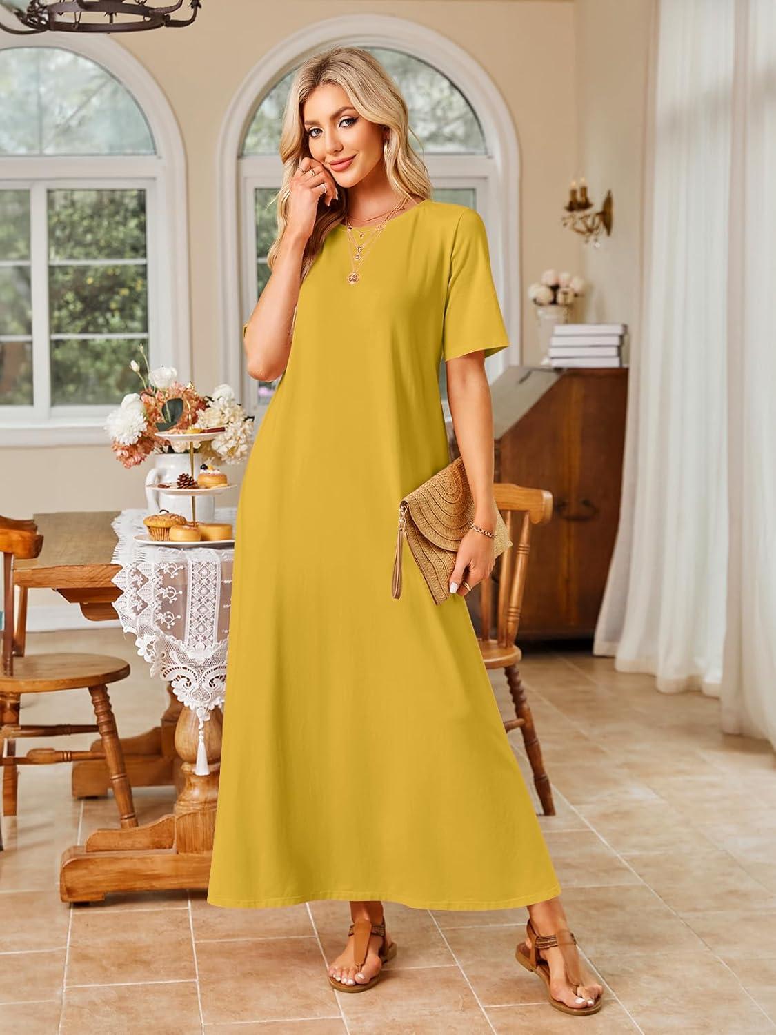 imageMEROKEETY Summer Spring Maxi Dresses for Women 2026 Beach Vacation Casual Short Sleeve Long T Shirt Sundress with PocketsGinger