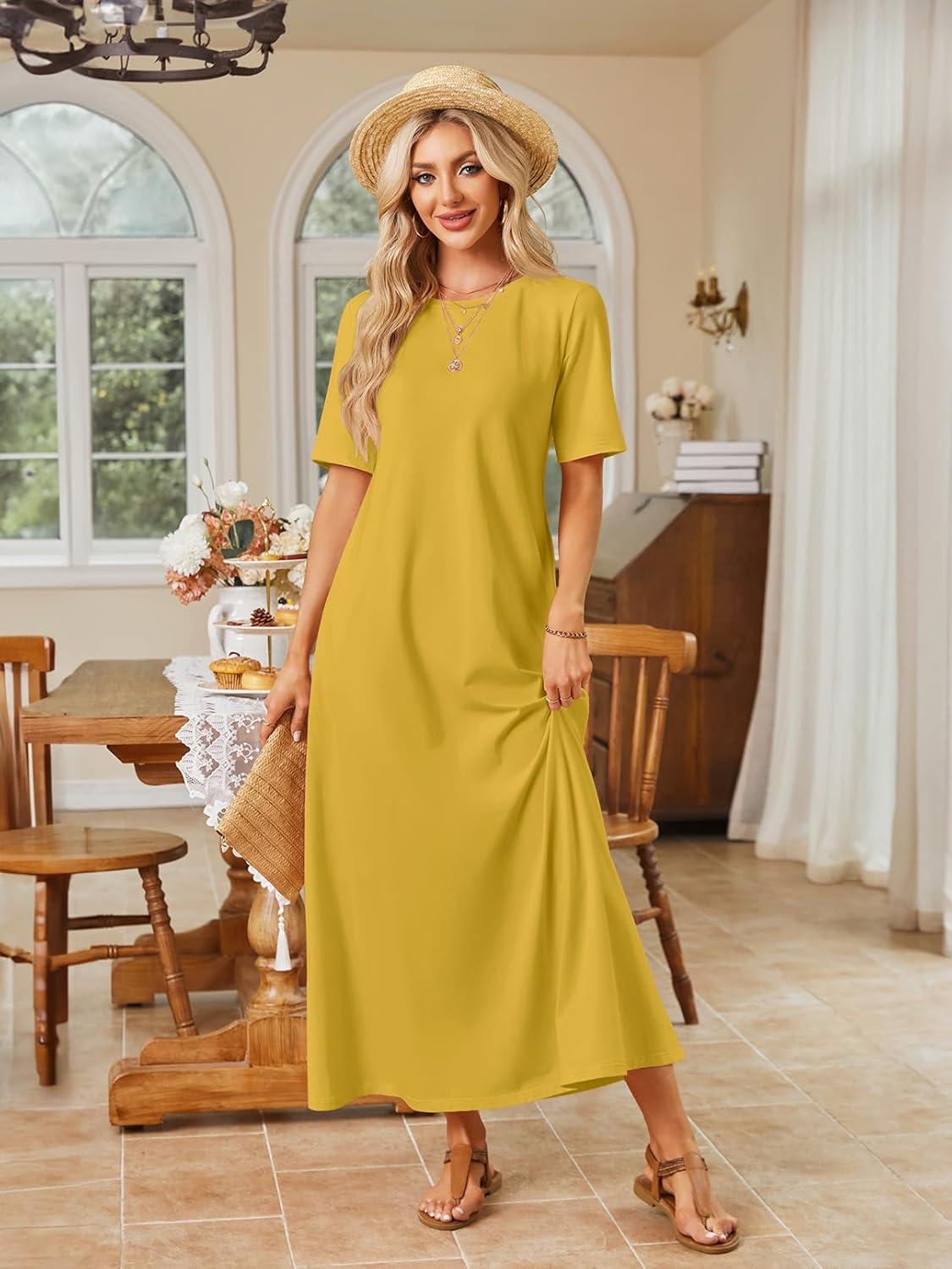 imageMEROKEETY Summer Spring Maxi Dresses for Women 2026 Beach Vacation Casual Short Sleeve Long T Shirt Sundress with PocketsGinger