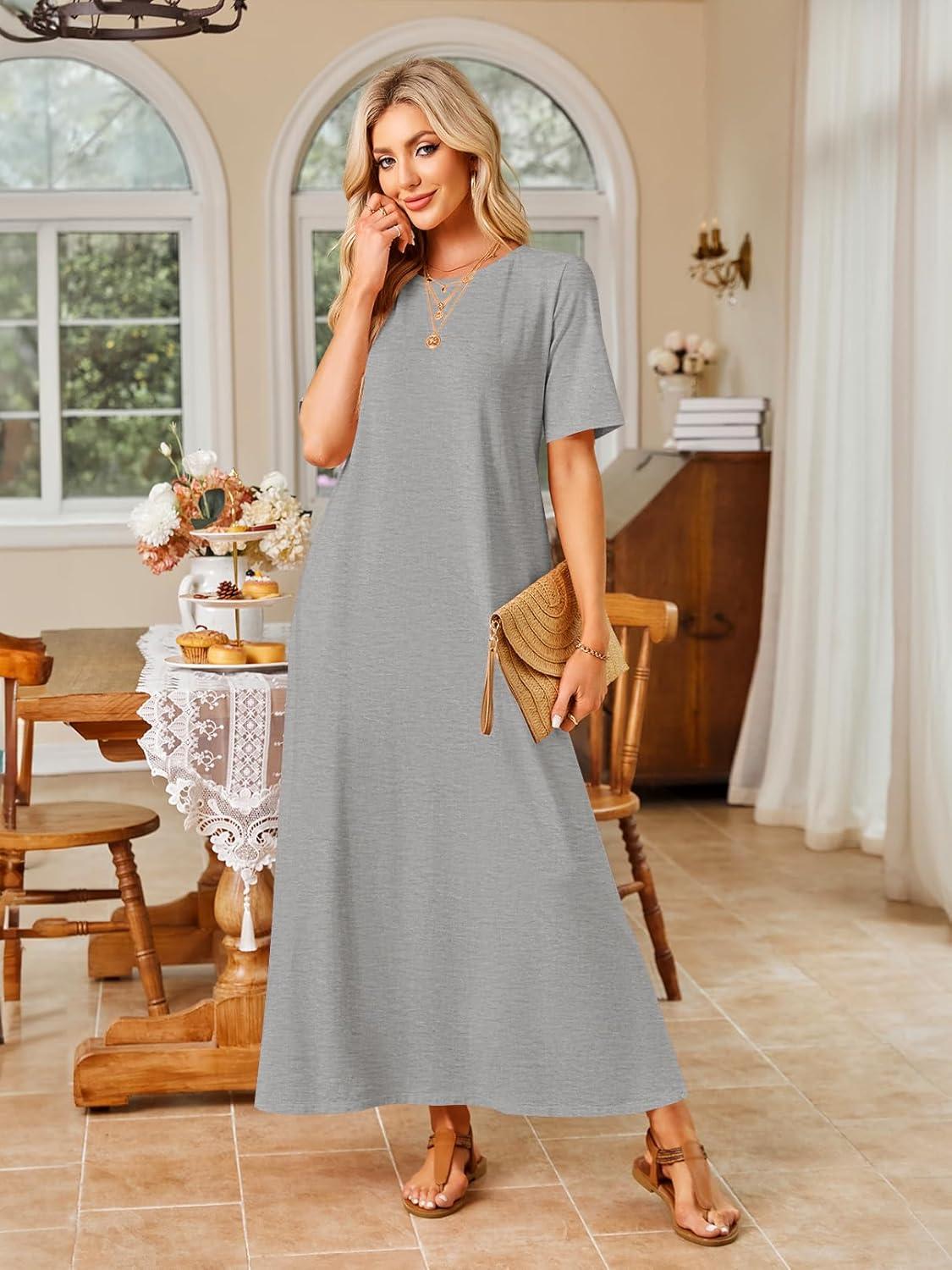 imageMEROKEETY Summer Spring Maxi Dresses for Women 2026 Beach Vacation Casual Short Sleeve Long T Shirt Sundress with PocketsHeathergrey