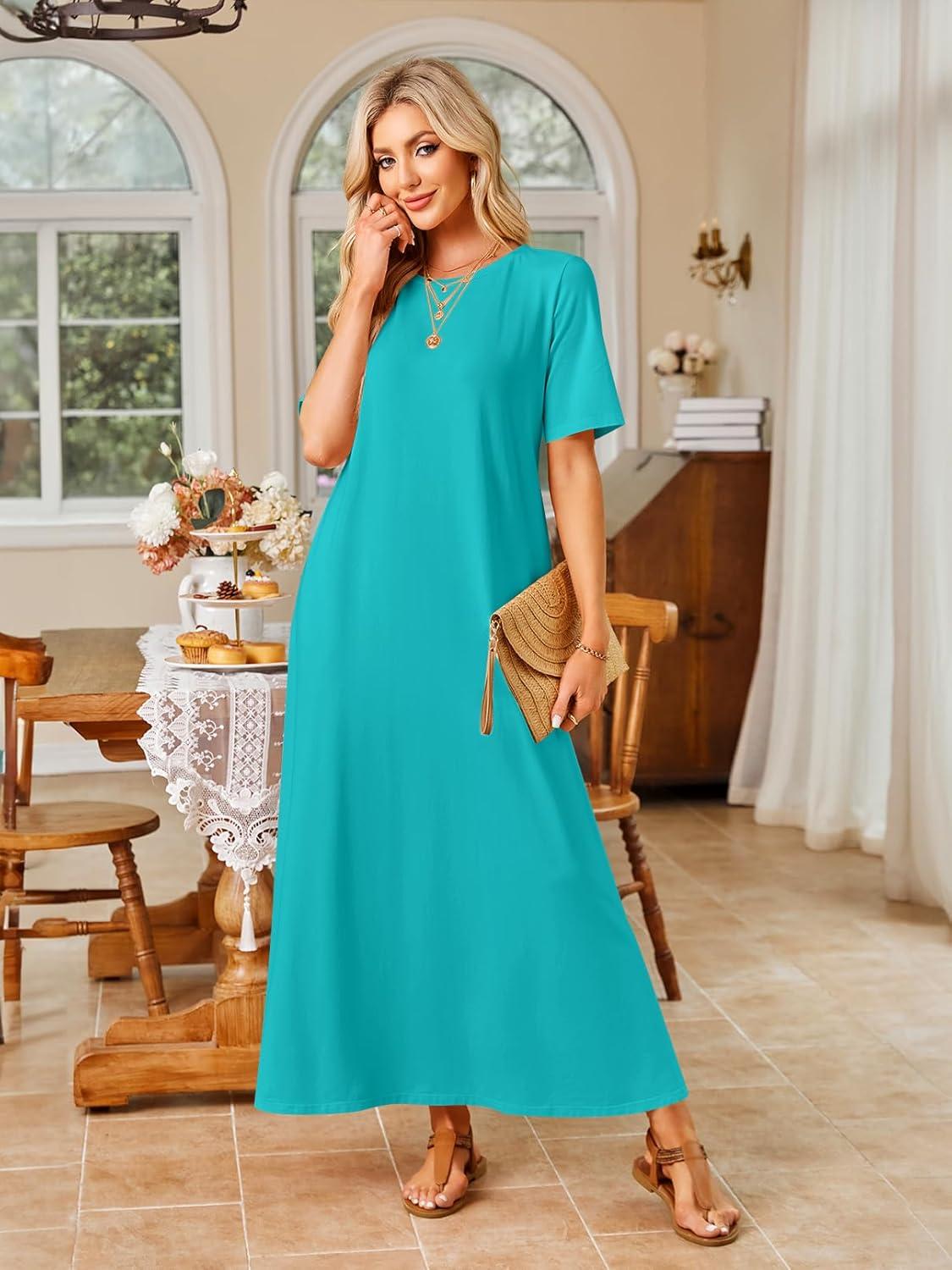 imageMEROKEETY Summer Spring Maxi Dresses for Women 2026 Beach Vacation Casual Short Sleeve Long T Shirt Sundress with PocketsLakegreen