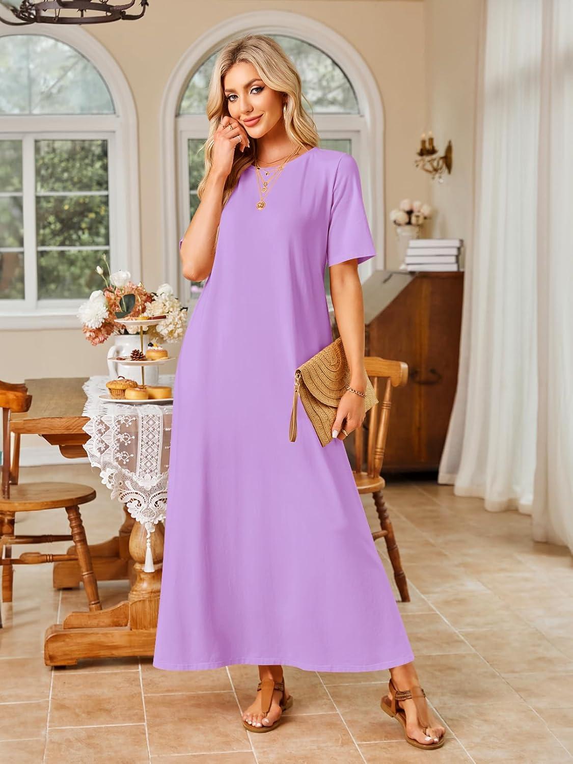 imageMEROKEETY Summer Spring Maxi Dresses for Women 2026 Beach Vacation Casual Short Sleeve Long T Shirt Sundress with PocketsLavender