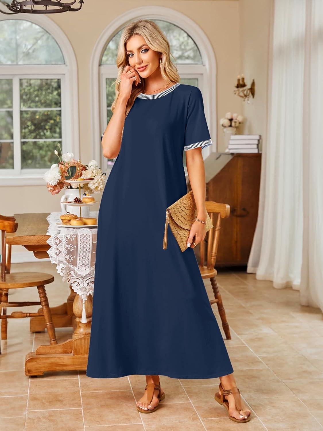imageMEROKEETY Summer Spring Maxi Dresses for Women 2026 Beach Vacation Casual Short Sleeve Long T Shirt Sundress with PocketsNavycombo